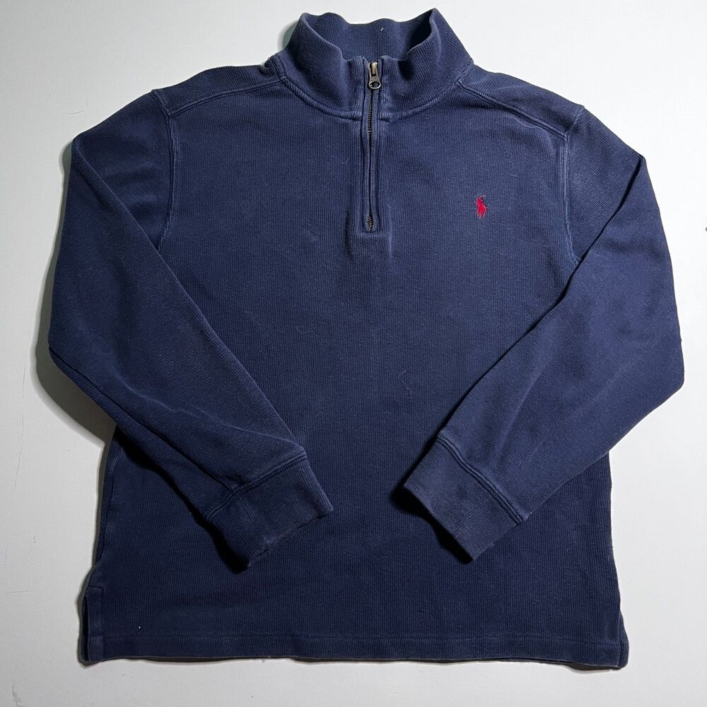 Vintage Polo Ralph Lauren Boys Navy 1/4 Zip Mock Neck Logo Cotton Sweatshirt M